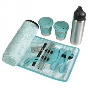 Ozark Trail 10 Piece Reusable Cutlery & Drinkware Combo Set (Water Bottle, Sporks, Straws, Cups in Carry Bag), Aqua